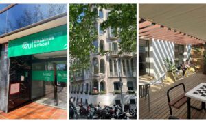 collage med skolans byggnad och från staden