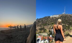 collage strand och hollywood skylt